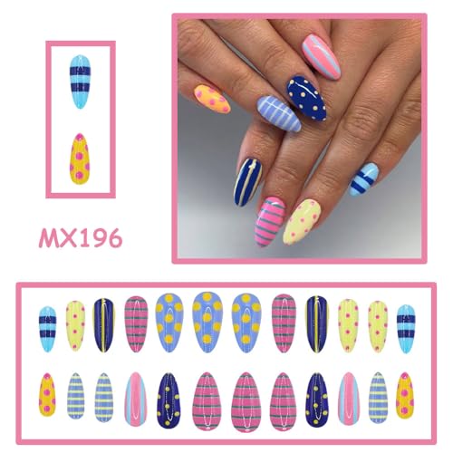 Rokhevn Style-26 Medium 24Pcs Press-On Almond Nails Polka Dots & Stripes Reusable Fake Nails