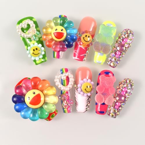 Flower Press on Nails Handmade with Full Covered Crystals Reusable Full Cover Long Coffin Stick On Nails, Size Medium