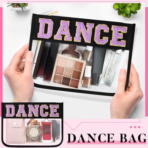 Aliceset 6 Pcs Dance Chenille Letter Preppy Patch Makeup Snack Bags,Gift for Women Waterproof PVC Cosmetic Organizer Storage,Flat Clear Portable Toiletry Zipper Pouch(Black)