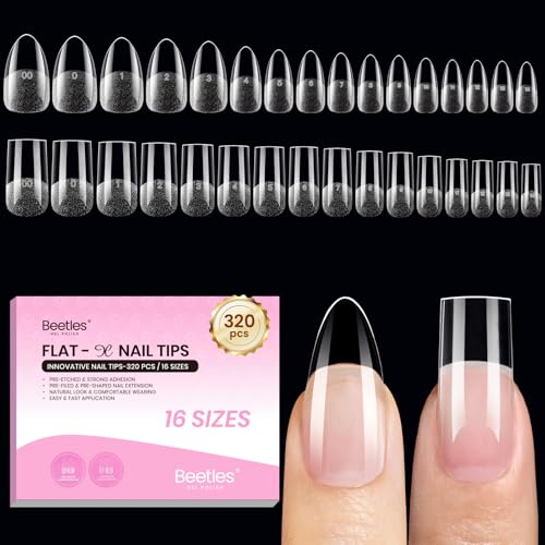 Beetles Flat-X Almond Square Nail Tips Set 320pcs Medium, 16 Sizes B-Almond+Square