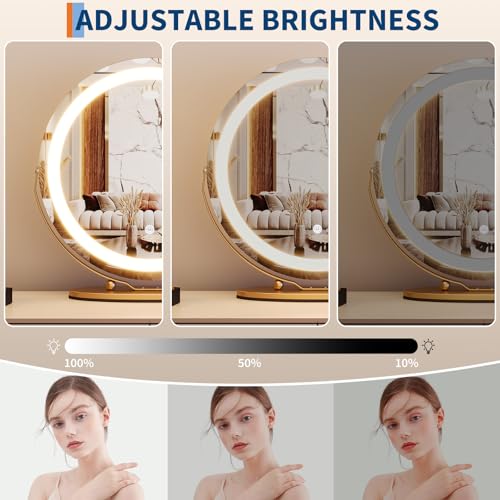 GarveeHome 19 in Vanity Mirror with Lights, Round Large LED Vanity Mirror with Smart Touch 3 Colors Dimmable, Touch Lighting, 360¡Æ Rotation for Dressing Room & Bedroom Tabletop, Easy Assembly(Gold)