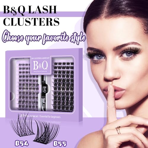 Lash Extension Kit 144 pcs Eyelash Extension Kit B54+B55 8-18mm Mixed Lash Clusters Kit Individual Lashes Kit Wispy with Lash Glue and Remover Applications Eyelash Kit (B54+B55, Kit)