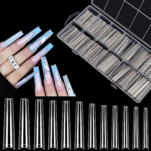 LIONVISON 3XL Clear NO C Curve Coffin Nail Tips for Acrylic Nails Professional, 240PCS Extra Long Tapered Square Nail Tips, 12 Sizes Straight Press On Gel Nail Tips for Nail Salons Home DIY