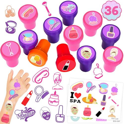 36PCS Spa Party Favors - 24PCS Temporary Tattoos & 12PCS Stamps - Ideal Makeup Sleepover Salon Themed Birthday Card Decorations Supplies Goodie Bag Cute Rewards for Boys Girls Classroom Gifts Prizes