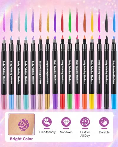 Lictin Temporary Tattoo Markers, 16 Colors with 80 Stencils
