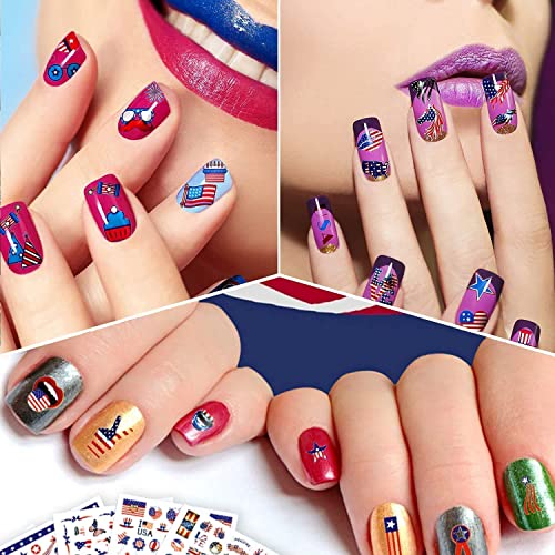 Independence Nail Art Sticker - 8 Sheets 4th July Nail Stickers 3D Self Adhesive Nail Art Decoration Red Blue Flag Eagle Heart Lip Nail Design for Acrylic Nail