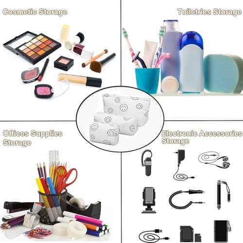 3 Pieces MakeUp Bag Cosmetic Bag,Travel Makeup Bag Set,Cute Smiley Corduroy Make Up Purse with Zipper,Beige White Pencil Pouch,Small Makeup Pouch,Aesthetic Preppy Stuff