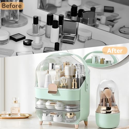 Large Capacity Makeup Organizer with Brush Holder & 2 Drawers - Green