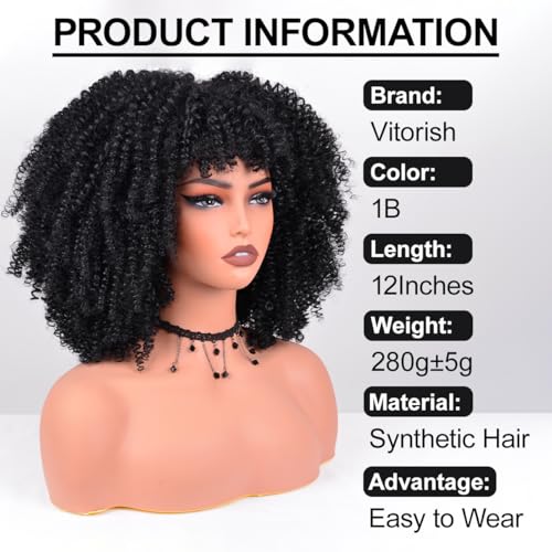 Afro Curly Wig with Bangs 12" Short Kinky Synthetic Glueless