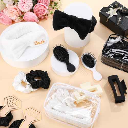 40 Pcs Bachelorette Favor Set Include Headband Scrunchies Hair Claw Clips Hairbrush and Makeup Bag for Bridal Shower Party Gifts Bridesmaid Wedding Supplies(White and Black)