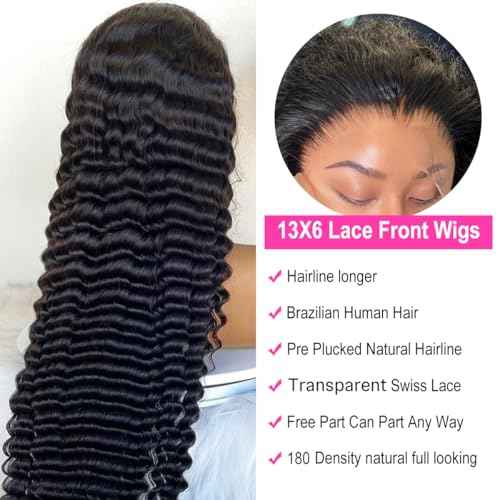 32 Inch Deep Wave Lace Front Wigs Human Hair 13x6 Curly Lace Front Wigs Human Hair for Women 180 Density Deep Wave Wig Pre Plucked HD Lace Frontal Natural Color