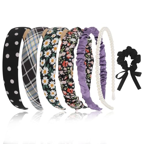 7 Pcs Fashion Headbands for Women with Satin Scrunchies Black Headbands for Girls Pearl Headbands for Women Trendy Padded Headband Thin Headbands for Women Croquette Aesthetic Cute Accessories