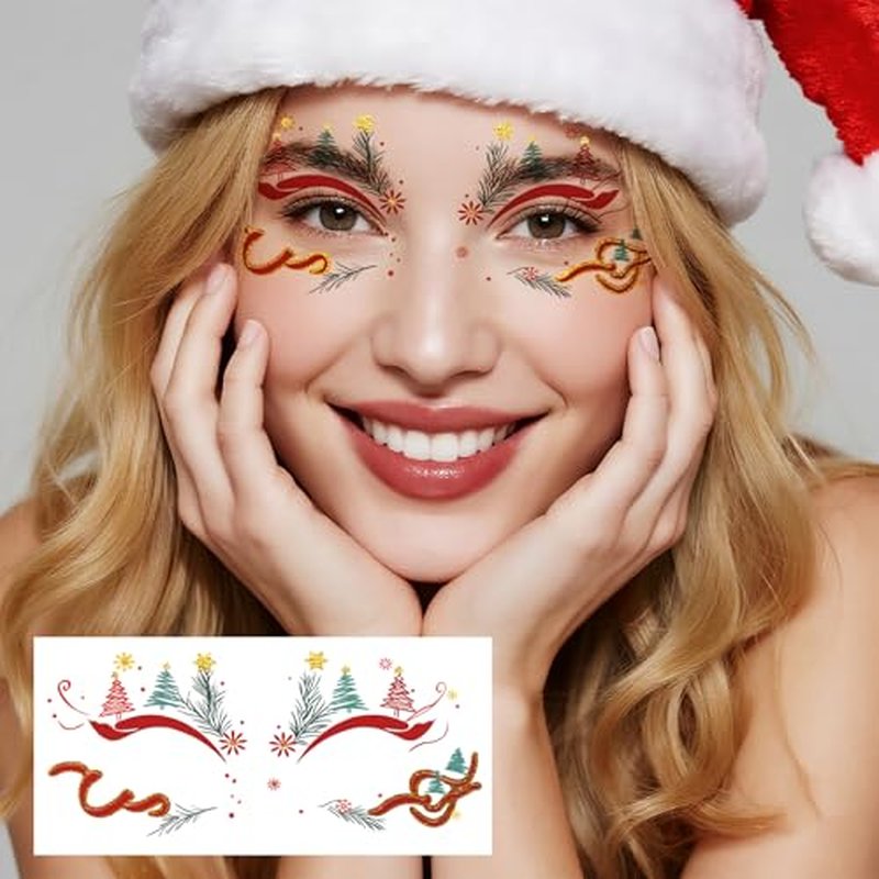 24 Sheets Christmas Face Temporary Tattoo, Upper & Lower Lash Realistic Designs Waterproof Christmas Fake Tattoos for Men & Women Cosplay Party & Festive Looks & Stage Face Makeup Decoration