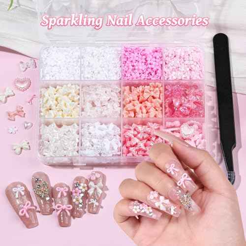 2 Boxes 3D Bow Nail Charms and Gems, Pink White Bows Flowers Heart Petals Nail Art Charms Gold Silver Alloy Bowknot Butterfly for Nails Flatback Pearls Rhinestones Caviar Beads for Women Nail Design