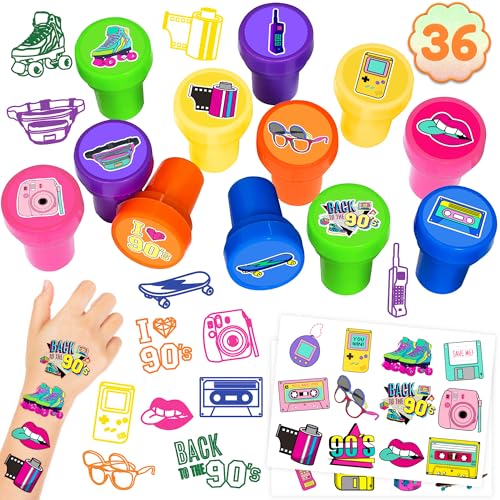 90s Party Favors Set - 24 Temporary Tattoos & 12 Stamps