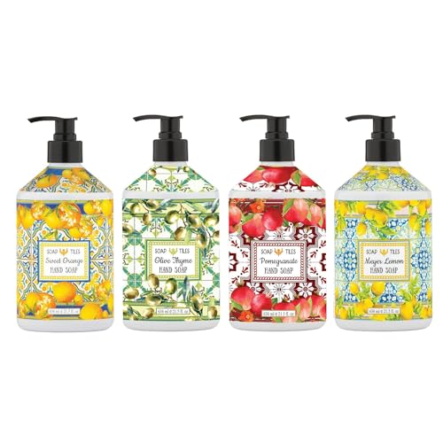 Soap Tiles Hand Soap | Home and Body Company | 21.5 fl oz Bottles | 4 Pack | Sweet Orange | Olive Thyme | Pomegranate | Meyer Lemon
