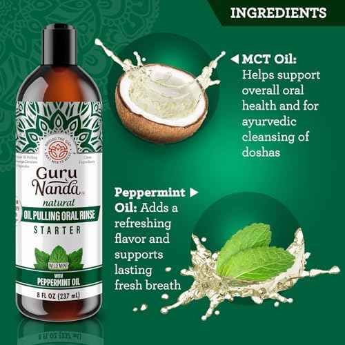 GuruNanda Starter Pulling Oil Mouthwash for Natural Teeth Whitening, Coconut and Peppermint Oil for Fresh Breath & Happy Gums, Alcohol-Free, 8 Oz