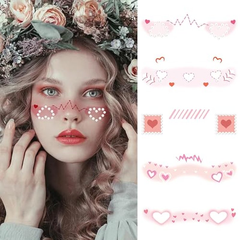 10 Pcs Love Heart Blush Face Stickers Cute Valentine's Day Hearts Bows Peals Freckle Temporary Tattoo Self-adhesive Face Sticker Face Body Decal Stage Makeup Face Decoration for Holiday Party