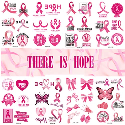 Pink Ribbon Temporary Tattoos Breast Cancer Awareness Tattoos,Fake Waterproof Pink Ribbon Tattoos Breast Cancer Awareness Party Favor Supplies(8 Sheets)
