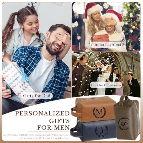 Personalized Leather Toiletry Travel Bag for Men Custom Christmas Birthday Gifts for Men Groomsmen Dad Husband Boyfriend Engraved Initial Waterproof Shaving Bags(A, Dark Brown)