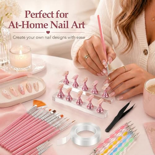 Beginner Nail Art Kit with Brushes Dotting Pens & Nail Stand for Press-On Nails