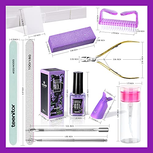 Teenitor Nail Gel Polish Dipping Powder Remover Tools Kit with Nail Clips Nail Remover Pads Cuticle Oil Nail Brushes Nail File Buffer Block Nail Clipper Cuticle Peeler Scraper Pusher and Cutter Purple