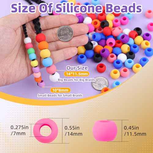 120Pcs 14mm Large Silicone Beads for Hair Braids, Soft Jellyish Hair Beads with 7mm Hole + 50 Rubber Bands and 1 Beader for Braiding, DIY Bracelets Necklaces Crafts (Multicolors)