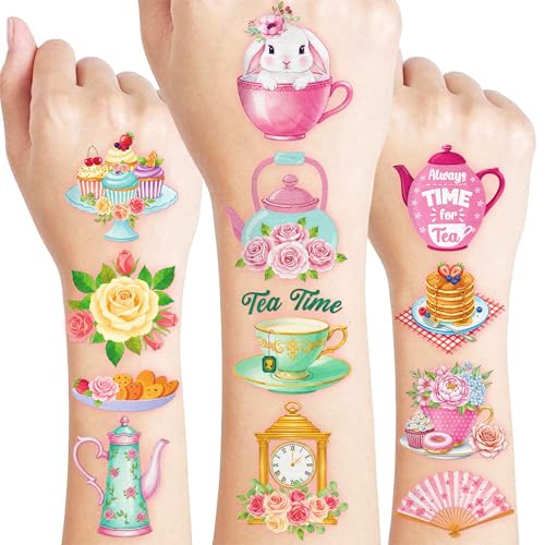 96 PCS Spring Floral Tea Party Temporary Tattoos for Kids