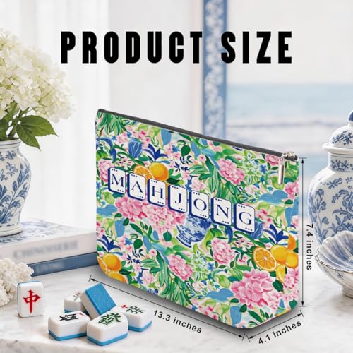 Blue Leaves Multicolor Floral Mahjong Tile Bag with Zipper - American Mahjong Case
