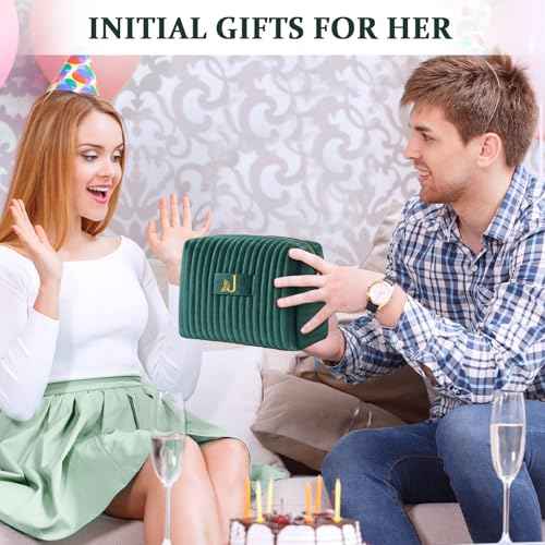 COSHAYSOO Personalized Fall Gifts for Women 30th 40th Birthday Unique New Mom Mother Wife Girlfriend Gift Ideas, Initial Quilted Makeup Bags Travel Green Cosmetic Velvet Skin Care Pouch Letter M