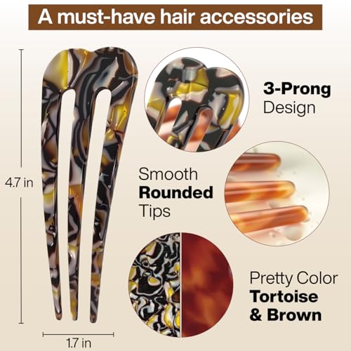 HYFEEL 3-Prong Hair Pins for Thick Hair - Tortoise & Brown