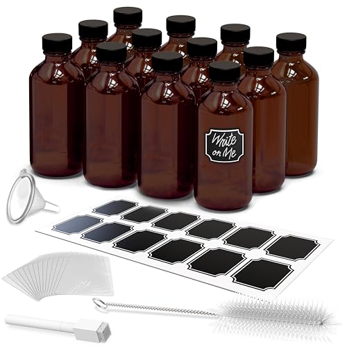 Nevlers Amber Glass Bottles 8 Oz - Vanilla Extract Bottles Bundle, 12 Pack