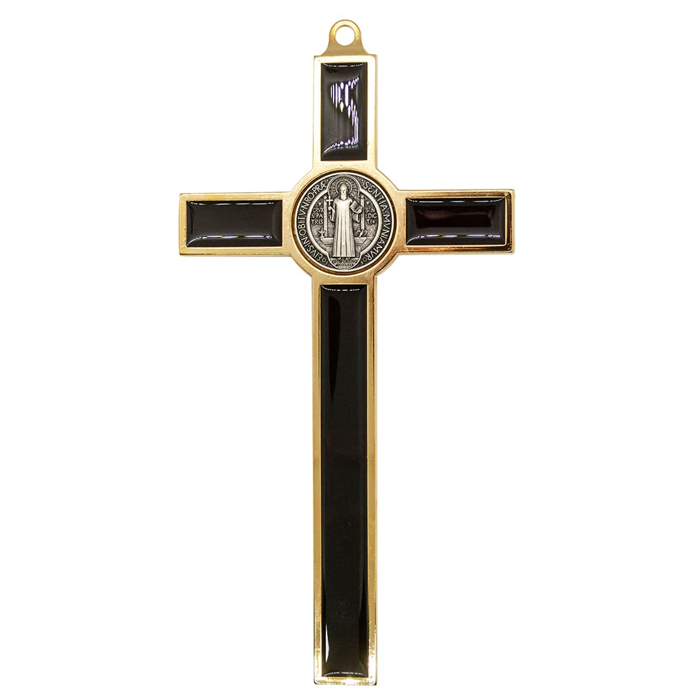 Small Saint Benedict Wall Cross | Patron Saint of Students | 5.75" Tall | Gold-Tone Accents | Great Catholic Gift for Baptism, First Holy Communion, and Confirmation | Christian Home Décor (Brown)