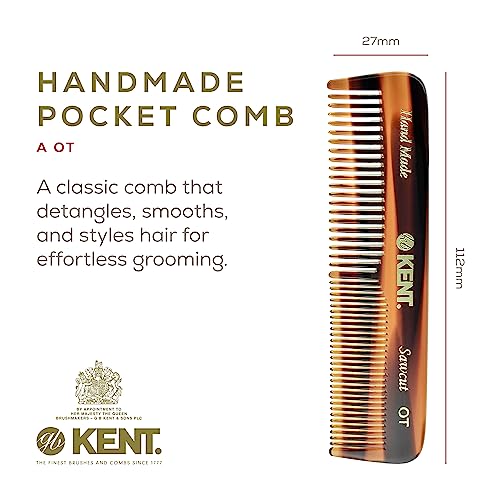 Kent OT Pocket Comb Set - 4.4" Fine Tooth and Wide Tooth Handmade Hair Combs for Men, Women, and Kids - Travel, Beard, and Mustache Grooming Combs, Saw Cut and Hand Polished