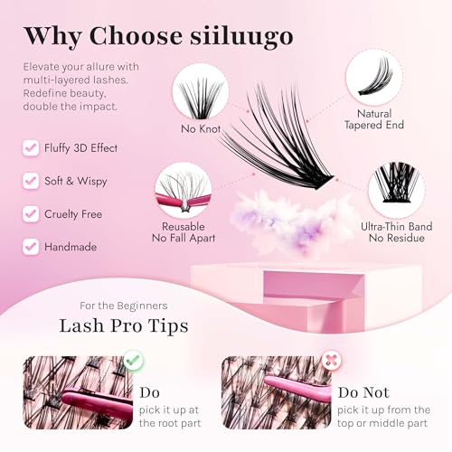 SIILUUGO DIY Lash Extensions 200PCS Individual Lashes Clusters,9-16mm MIX 30D Fluffy and Natural False Eyelashes,Wispy and Volume,Waterproof and Lasting Pestañas,Easy to Apply for Beginners at Home