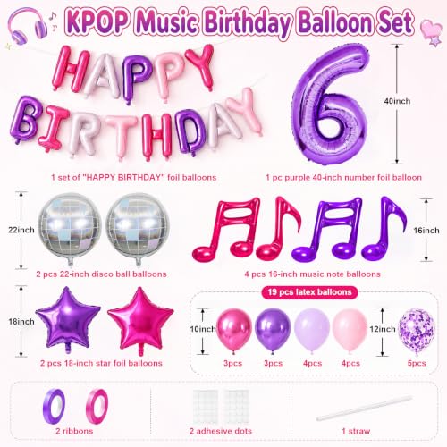 Kpop Music Birthday Balloon Set - Pink Purple 6th Birthday Decorations
