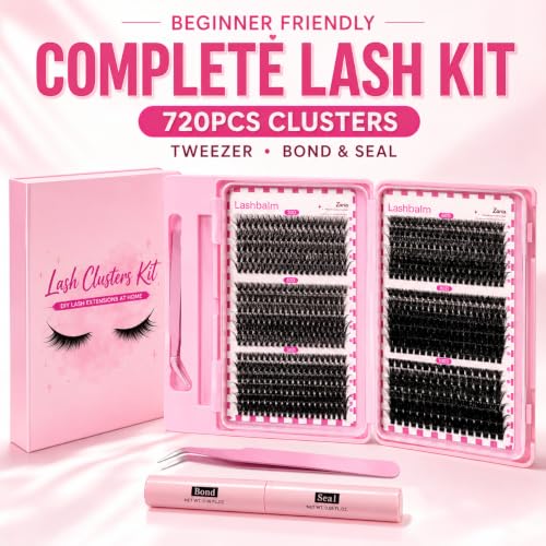 720Pcs D Curl Lash Clusters Kit with Glue & Tweezers