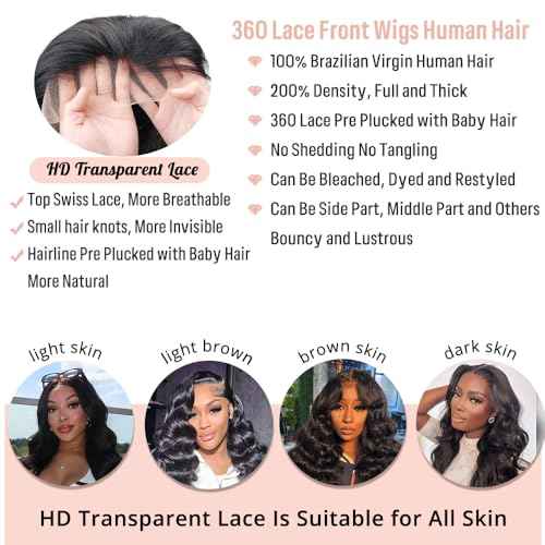360 Lace Front Wigs Human Hair Body Wave 200% Density 20 Inch Upgraded Hidden Straps 360 HD Full Lace Wigs Human Hair With Drawstring Pre Plucked With Baby Hair for Women Natural Black