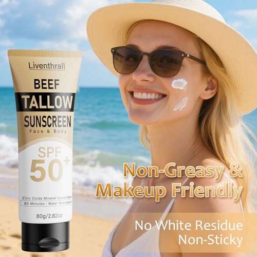 Mineral Sunscreen with Non-Toxic Zinc Oxide SPF 50, Organic Natural Beef Tallow Sunblock with Honey Beeswax, Non Greasy Formula for Face, Body and Skin