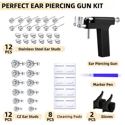 Self Ear Piercing Gun Kit with 12 CZ Ear Studs for Home Use