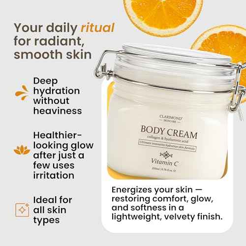 CLARIMOND Vitamin C Body Cream | Hyaluronic Acid & Collagen for Women | Hydrating Body Care Cream for Dry, Aging Skin | Fast-Absorbing, Non-Greasy Formula | Paraben & Sulfate Free | 200ml