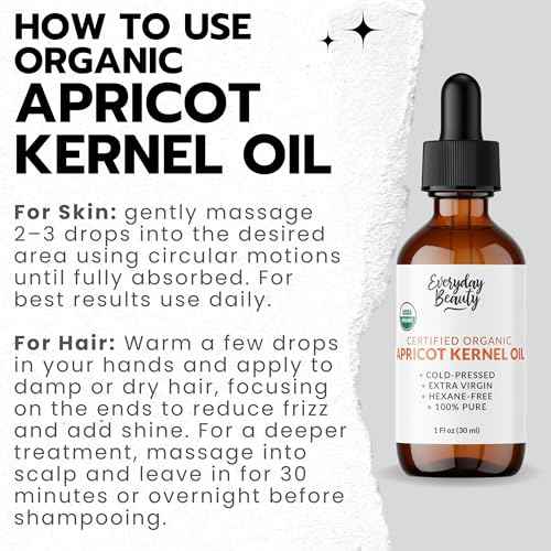 Organic Apricot Kernel Oil | 100% Pure, Cold-Pressed, Unrefined | USDA Certified Organic | Amber Glass Bottle with Glass Dropper | For Face, Skin & Hair - 1 Fl Oz