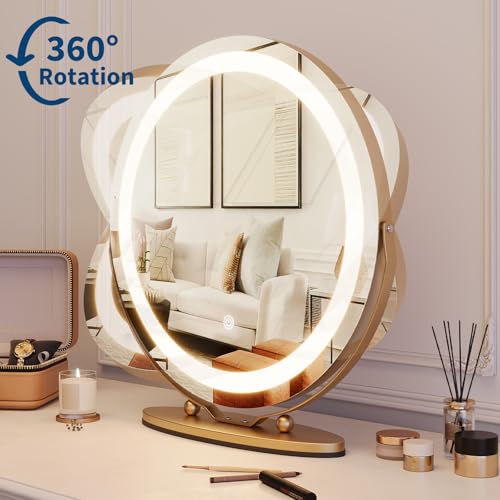 GarveeHome 19 in Vanity Mirror with Lights, Round Large LED Vanity Mirror with Smart Touch 3 Colors Dimmable, Touch Lighting, 360¡Æ Rotation for Dressing Room & Bedroom Tabletop, Easy Assembly(Gold)