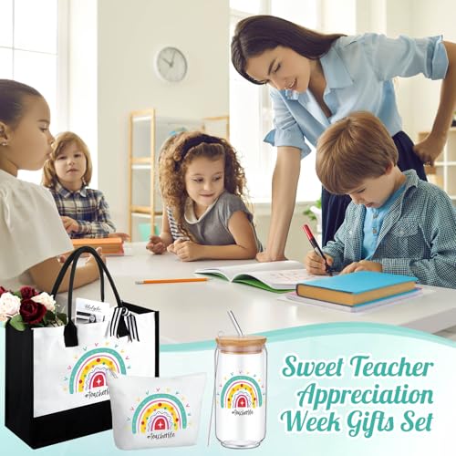 Hushee 6 Pcs Christmas Teacher Gift for Women 2 Set Appreciation Gift Include Teacher Tote Bag Tumbler and Makeup Bag