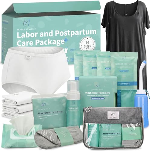 Mama & Wish¢ç Postpartum Essentials Kit (14-Piece) - Includes Hospital Post Partum Essentials for Women After Birth, Labor and Delivery Gown, Peri Bottle, Witch Hazel Foam, Pad Liners & More!