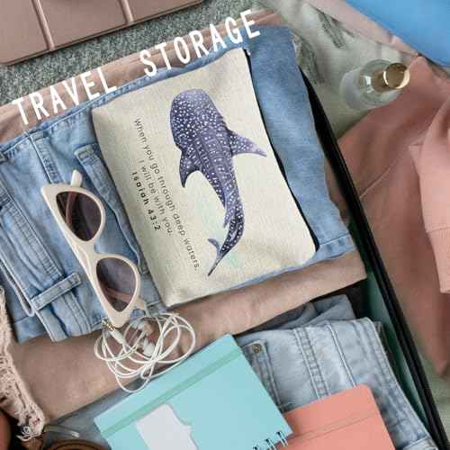Whale Shark Christian Makeup Bag Pouch, Christian Shark Gifts for Women, Bible Verse Gifts Isaiah 43:2, When you go through deep waters I will be with you