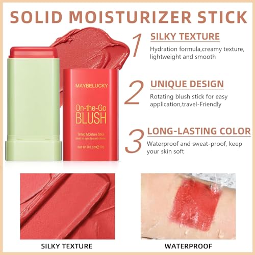 Cream Blush Stick for Cheeks, Multi-Use Makeup for Eye, Lip, Face - Travel-Friendly Tinted Solid Moisturizer, Matte Natural Glow Blendable Smooth Blusher With Brush - Orange Coral