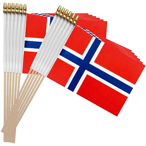 Norway Stick Flags - Mini Hand Held 5.5x8 Inch, 12 Pack