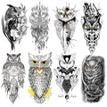 8 Sheets 3D Black Realistic Temporary Tattoos for Men Women Adults, Owl Sketch Dreamcatcher Flower Rose Halloween Fake Half Arm Sleeve Tattoos Stickers Legs Kit Sets