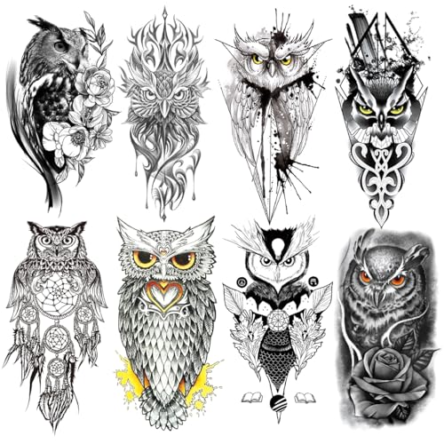 8 Sheets 3D Black Realistic Temporary Tattoos for Men Women Adults, Owl Sketch Dreamcatcher Flower Rose Halloween Fake Half Arm Sleeve Tattoos Stickers Legs Kit Sets